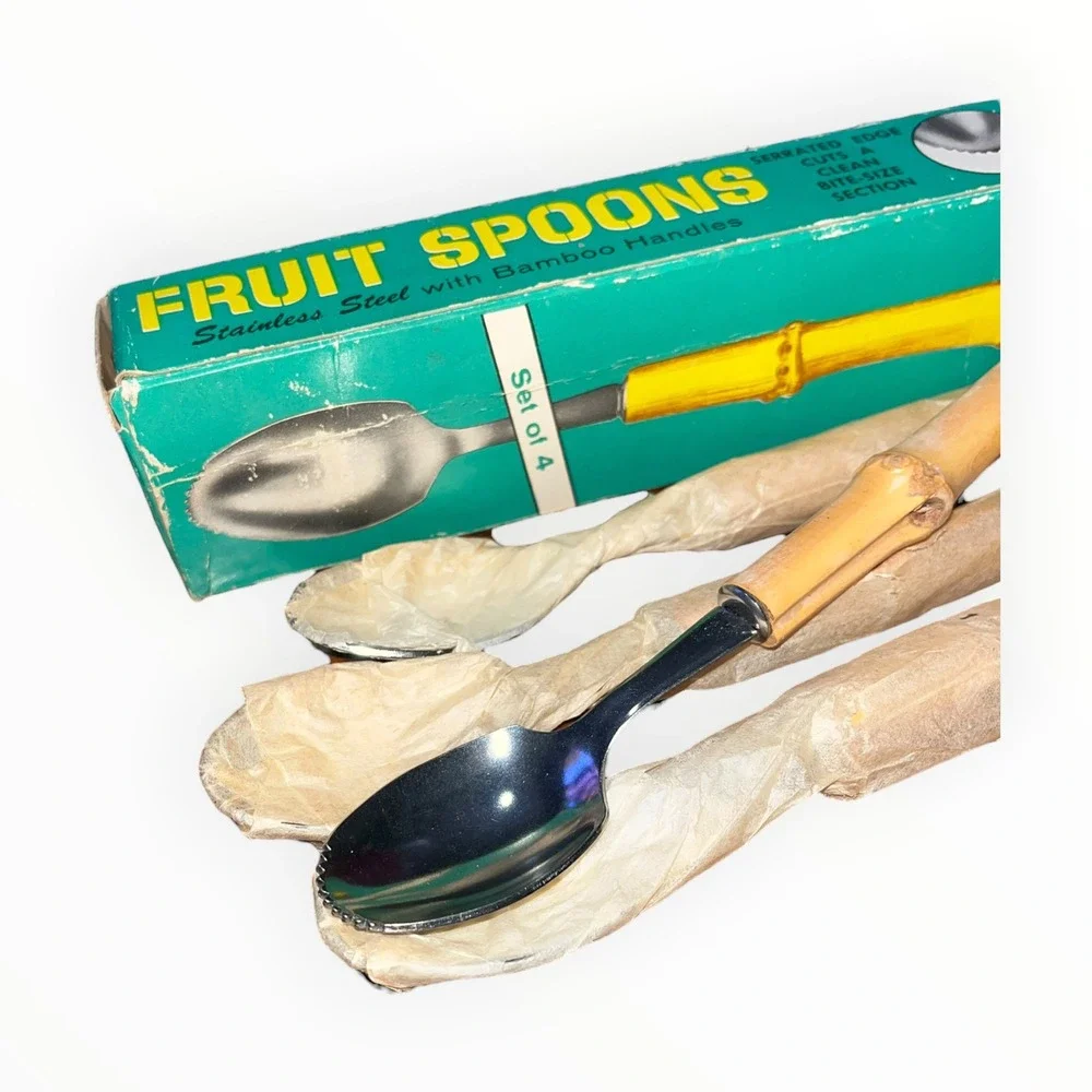 Vintage Stainless Steel Fruit Spoons Set of 4 Bamboo Handles Serrated Japan MCM